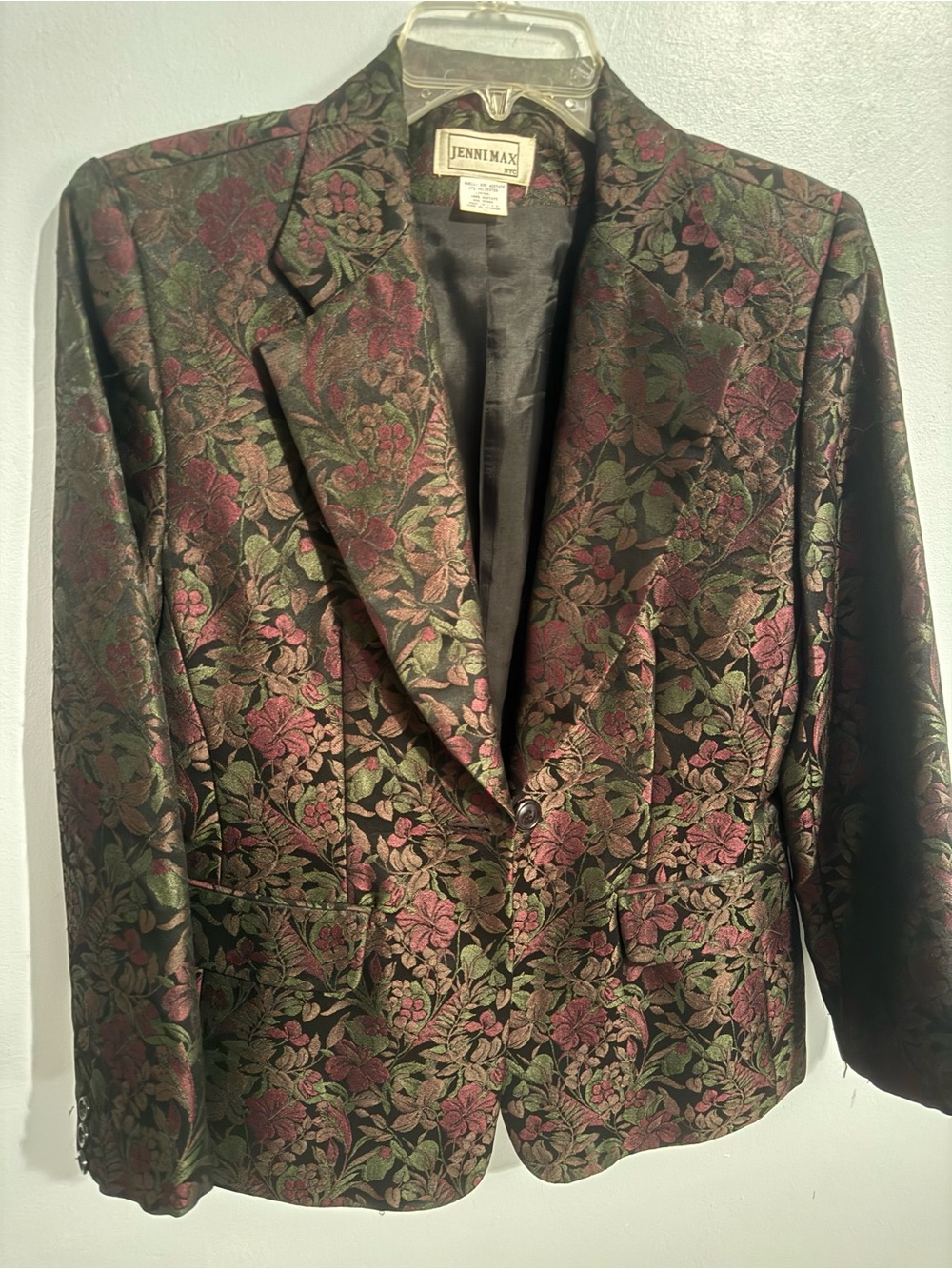 Jenni Max Olive Green, Black & Burgundy Floral Satin Blazer